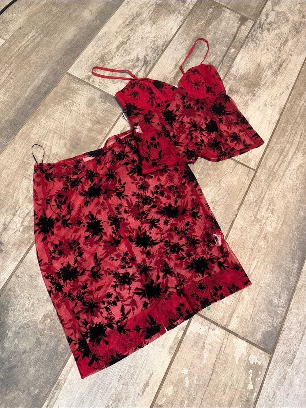 Red Floral Velvet Mini Skirt Set - Women